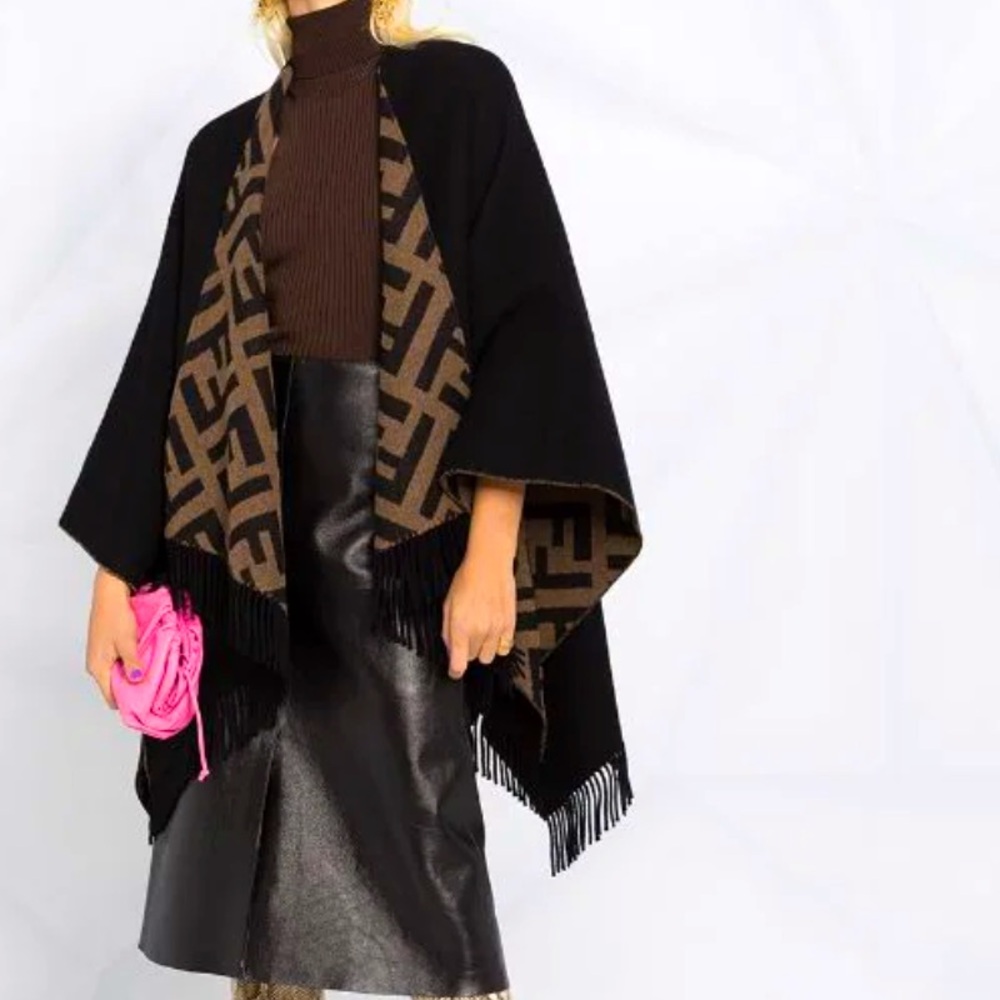Fendi Black and Brown FF Logo Fringe Cape